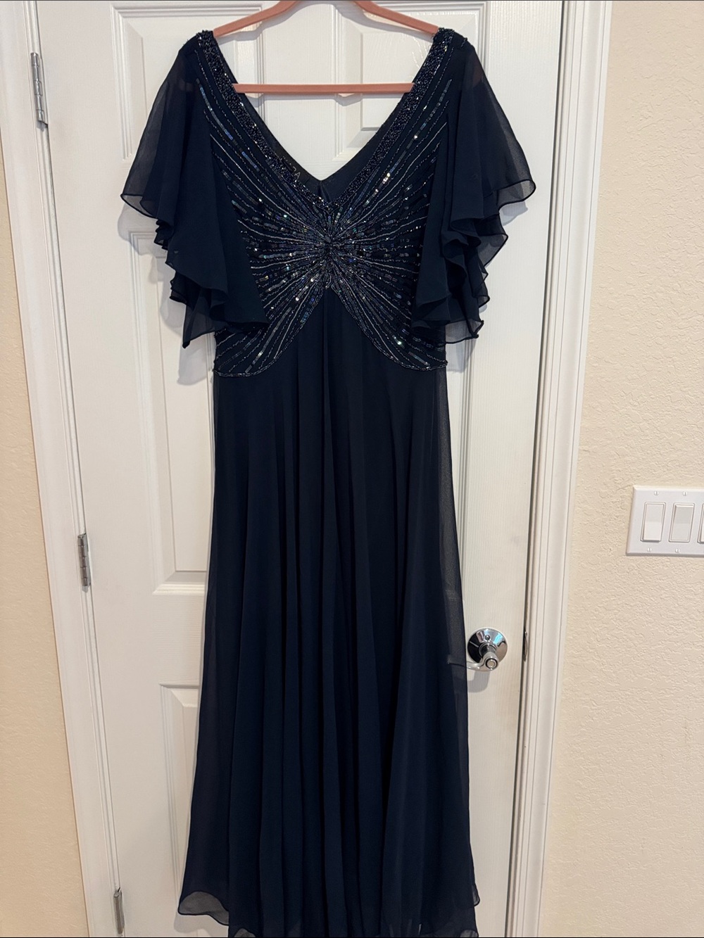 J Kara Navy Beaded V-Neck Chiffon Evening Gown